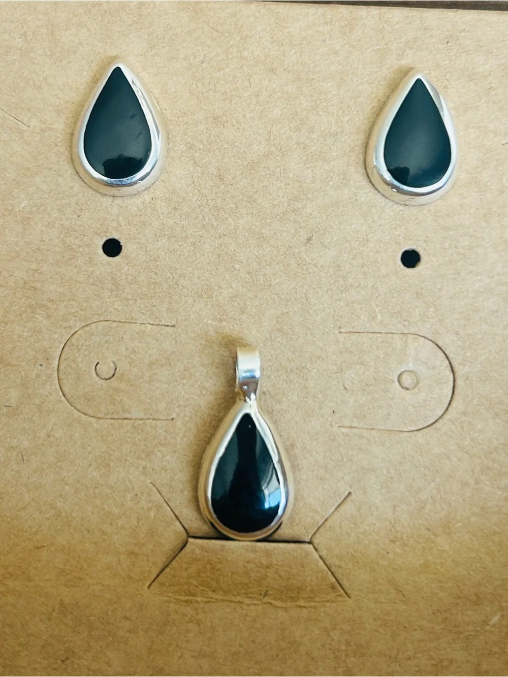 Taxco Mexico .925 Sterling Silver Black Teardrop Earrings & Pendant Set New